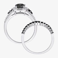 Womens 1 1/2 CT. T.W. Natural Black Diamond 10K Gold Cushion Side Stone Halo Bridal Set