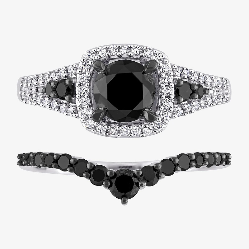 Womens 1 1/2 CT. T.W. Natural Black Diamond 10K Gold Cushion Side Stone Halo Bridal Set