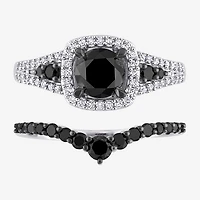 Womens 1 1/2 CT. T.W. Natural Black Diamond 10K Gold Cushion Side Stone Halo Bridal Set