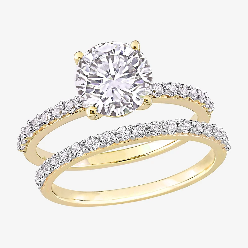 Womens Lab Created White Sapphire 10K Gold Round Side Stone Bridal Set