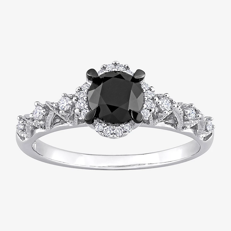 Womens 3/4 CT. T.W. Natural Black Diamond 14K Gold Round Side Stone Halo Engagement Ring
