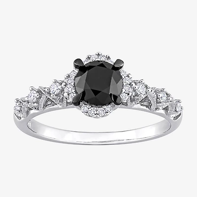 Womens 3/4 CT. T.W. Natural Black Diamond 14K Gold Round Side Stone Halo Engagement Ring