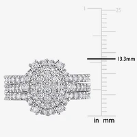 Womens 1 1/2 CT. T.W. Natural White Diamond 10K Gold Oval Side Stone Halo Bridal Set