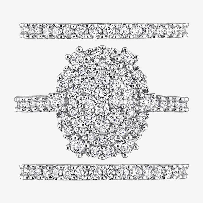 Womens 1 1/2 CT. T.W. Natural White Diamond 10K Gold Oval Side Stone Halo Bridal Set