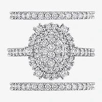 Womens 1 1/2 CT. T.W. Natural White Diamond 10K Gold Oval Side Stone Halo Bridal Set