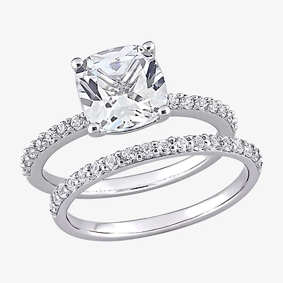 Womens Lab Created White Sapphire 10K Gold Cushion Side Stone Bridal Set