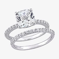 Womens Lab Created White Sapphire 10K Gold Cushion Side Stone Bridal Set