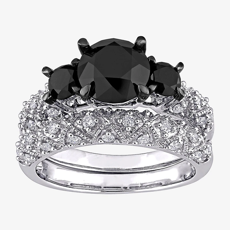 Midnight Black Womens 3 CT. T.W. Natural Diamond 10K Gold Round Side Stone 3-Stone Bridal Set