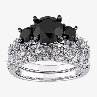 Midnight Black Womens 3 CT. T.W. Natural Diamond 10K Gold Round Side Stone 3-Stone Bridal Set