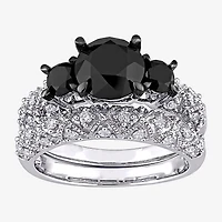 Midnight Black Womens 3 CT. T.W. Natural Diamond 10K Gold Round Side Stone 3-Stone Bridal Set