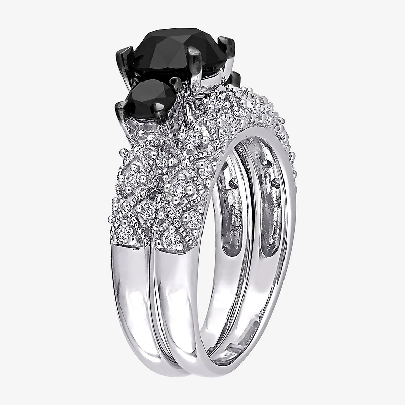 Midnight Black Womens 3 CT. T.W. Natural Diamond 10K Gold Round Side Stone 3-Stone Bridal Set