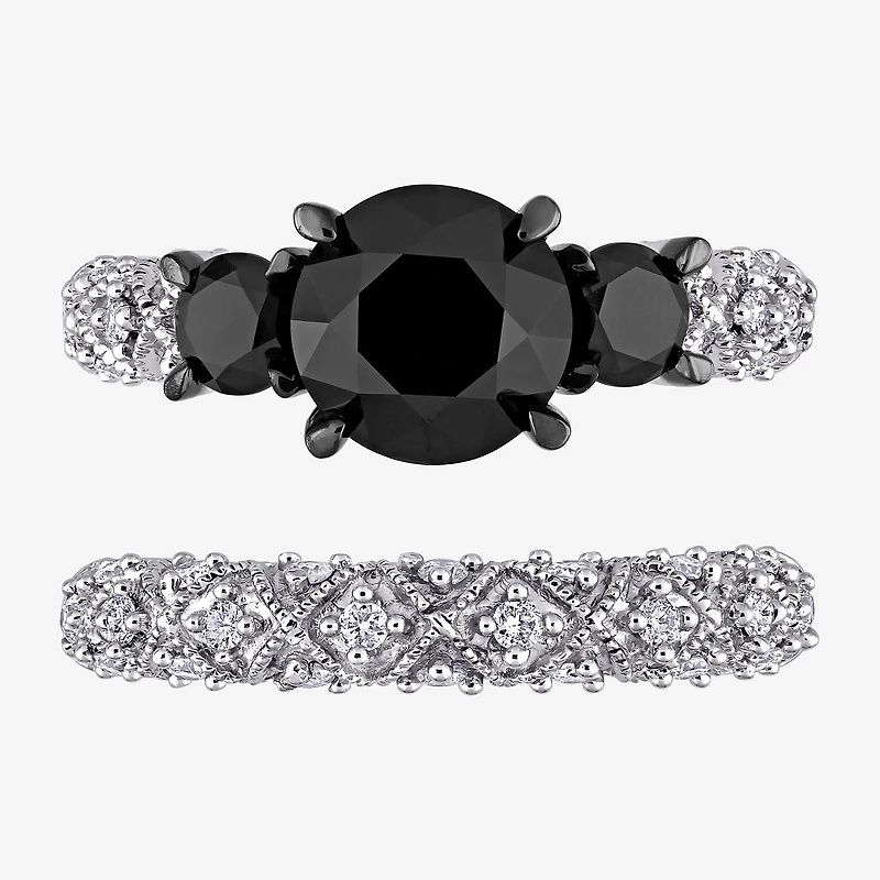 Midnight Black Womens 3 CT. T.W. Natural Diamond 10K Gold Round Side Stone 3-Stone Bridal Set