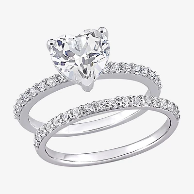 Womens Lab Created White Sapphire 10K Gold Heart Side Stone Bridal Set