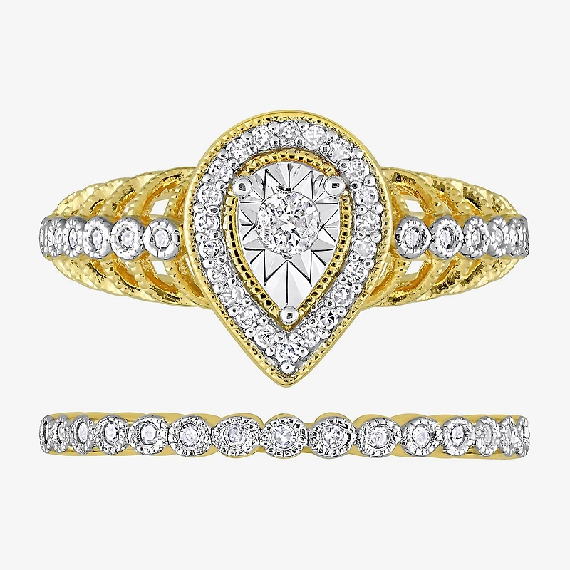 Womens 1/3 CT. T.W. Natural White Diamond 18K Gold Over Silver Pear Side Stone Halo Bridal Set