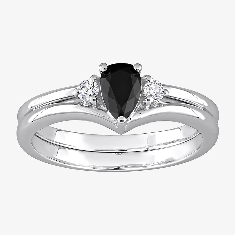 Midnight Black Womens 5/8 CT. T.W. Natural Diamond 10K Gold Pear 3-Stone Bridal Set