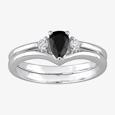 Midnight Black Womens 5/8 CT. T.W. Natural Diamond 10K Gold Pear 3-Stone Bridal Set