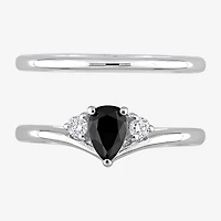 Midnight Black Womens 5/8 CT. T.W. Natural Diamond 10K Gold Pear 3-Stone Bridal Set