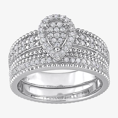 Womens 1/3 CT. T.W. Natural White Diamond Sterling Silver Pear Side Stone Halo Bridal Set