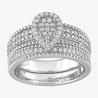 Womens 1/3 CT. T.W. Natural White Diamond Sterling Silver Pear Side Stone Halo Bridal Set