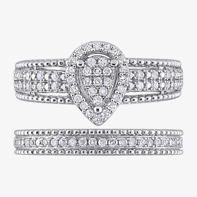 Womens 1/3 CT. T.W. Natural White Diamond Sterling Silver Pear Side Stone Halo Bridal Set