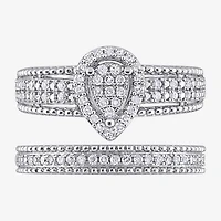 Womens 1/3 CT. T.W. Natural White Diamond Sterling Silver Pear Side Stone Halo Bridal Set