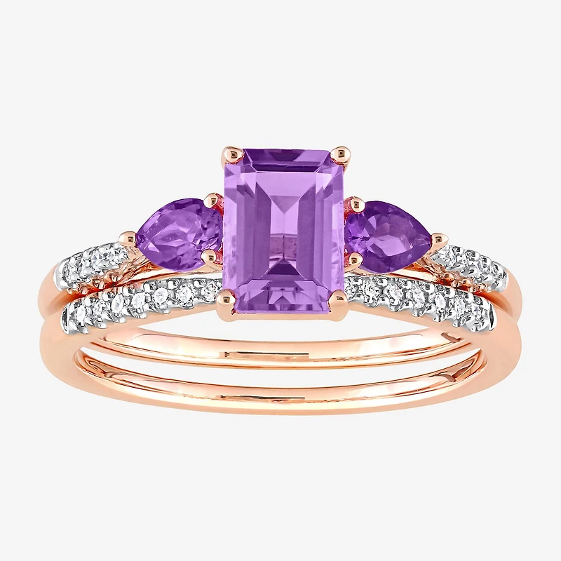 Womens 1/10 CT. T.W. Genuine Purple Amethyst 10K Gold Side Stone 3-Stone Bridal Set