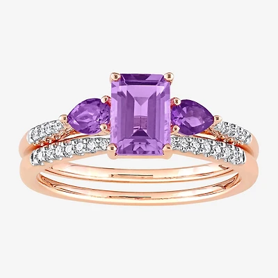 Womens 1/10 CT. T.W. Genuine Purple Amethyst 10K Gold Side Stone 3-Stone Bridal Set