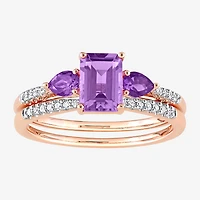 Womens 1/10 CT. T.W. Genuine Purple Amethyst 10K Gold Side Stone 3-Stone Bridal Set
