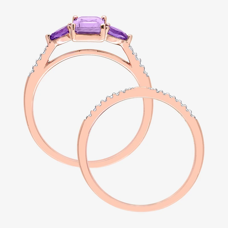 Womens 1/10 CT. T.W. Genuine Purple Amethyst 10K Gold Side Stone 3-Stone Bridal Set