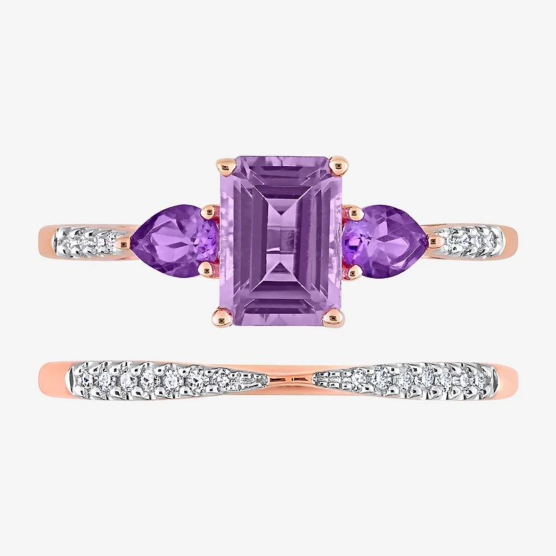 Womens 1/10 CT. T.W. Genuine Purple Amethyst 10K Gold Side Stone 3-Stone Bridal Set