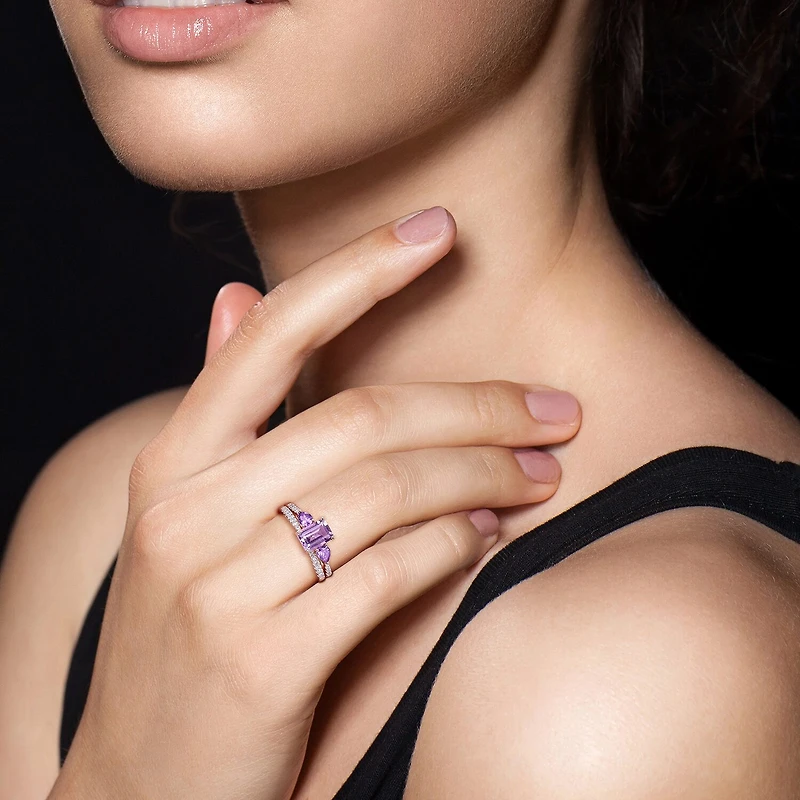 Womens 1/10 CT. T.W. Genuine Purple Amethyst 10K Gold Side Stone 3-Stone Bridal Set