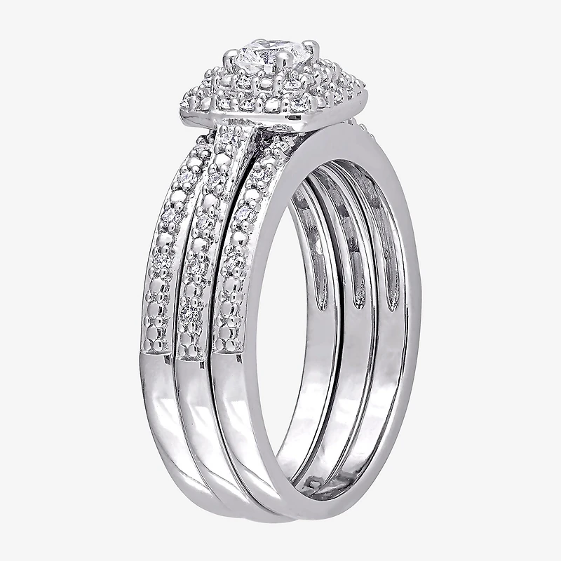 Womens 1/2 CT. T.W. Natural White Diamond Sterling Silver Cushion Side Stone Halo Bridal Set