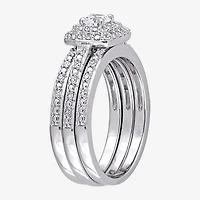 Womens 1/2 CT. T.W. Natural White Diamond Sterling Silver Cushion Side Stone Halo Bridal Set
