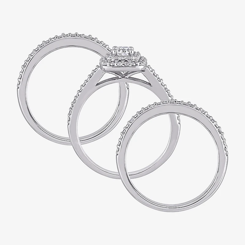 Womens 1/2 CT. T.W. Natural White Diamond Sterling Silver Cushion Side Stone Halo Bridal Set