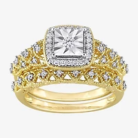 Womens 1/4 CT. T.W. Natural White Diamond 18K Gold Over Silver Cushion Side Stone Halo Bridal Set