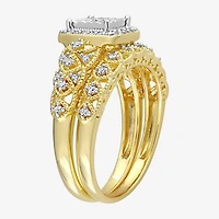 Womens 1/4 CT. T.W. Natural White Diamond 18K Gold Over Silver Cushion Side Stone Halo Bridal Set