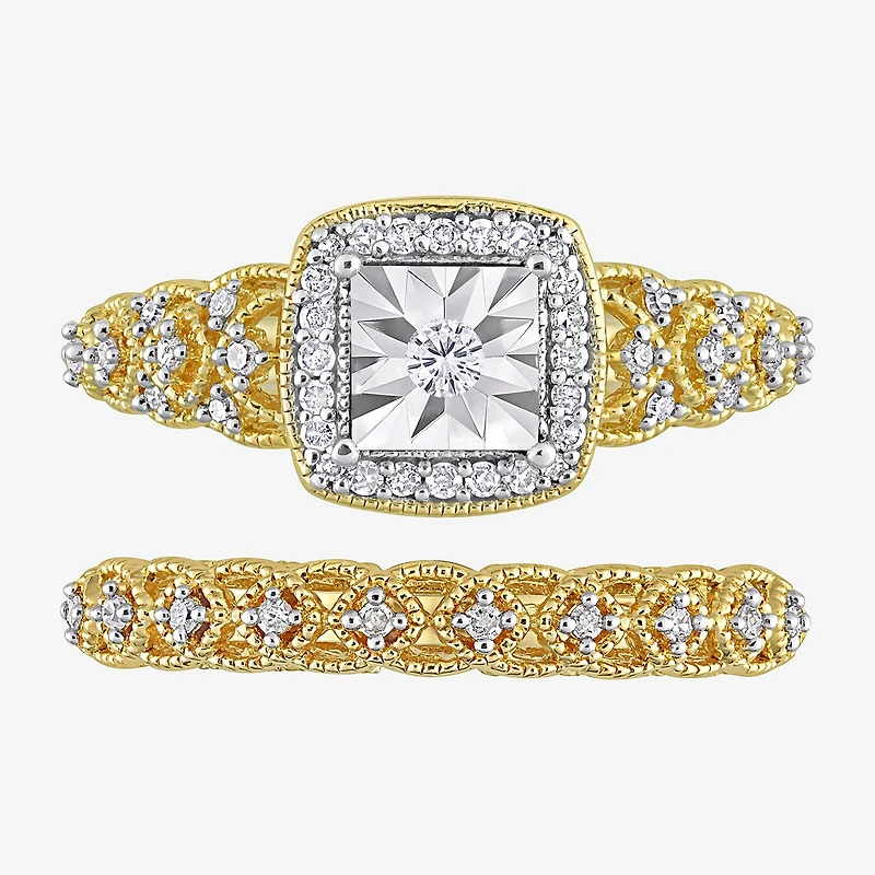 Womens 1/4 CT. T.W. Natural White Diamond 18K Gold Over Silver Cushion Side Stone Halo Bridal Set