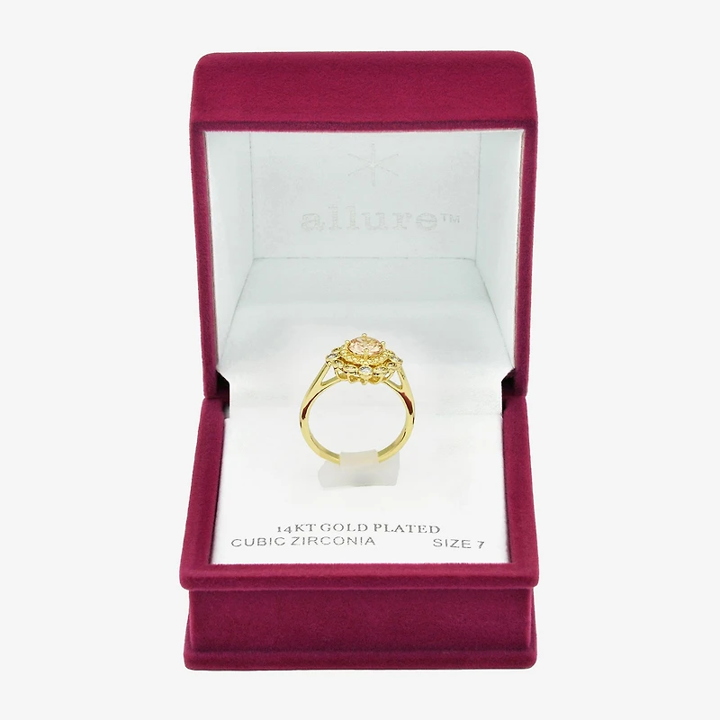 Sparkle Allure Double Halo Womens Champagne Cubic Zirconia 14K Gold Over Brass Round Cocktail Ring