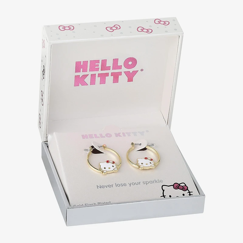Womens Crystal 18K Gold Over Brass 25.4mm Bow Hello Kitty Hoop Earrings
