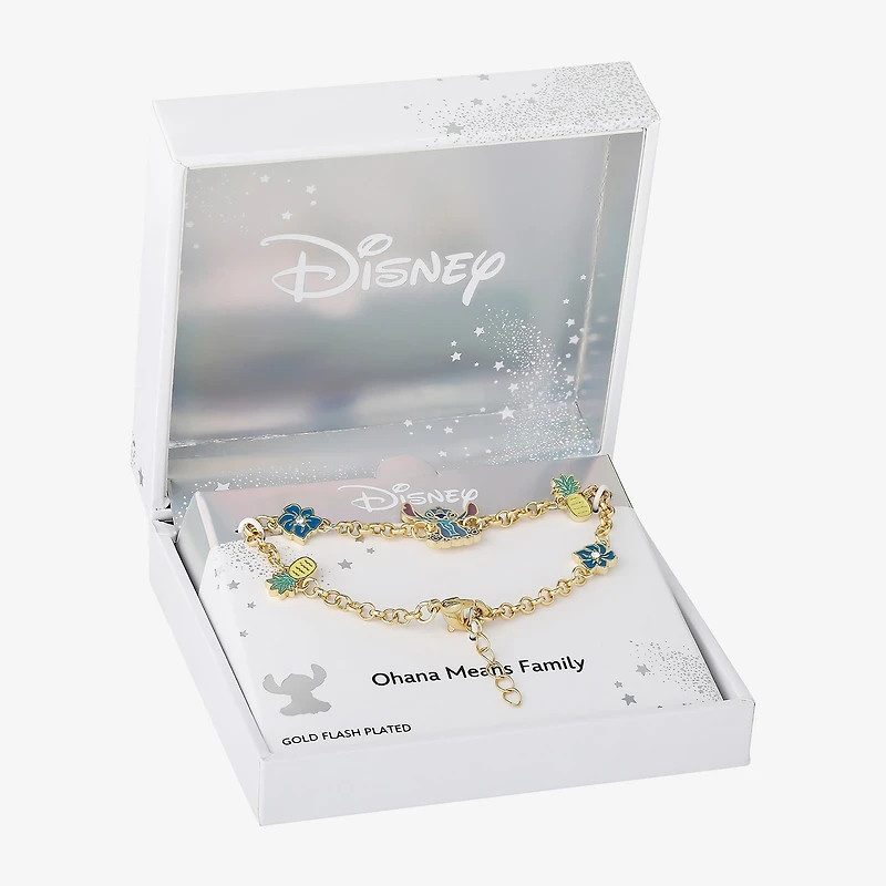 Disney Classics Womens Crystal 18K Gold Over Brass Flower Lilo & Stitch Charm Bracelet