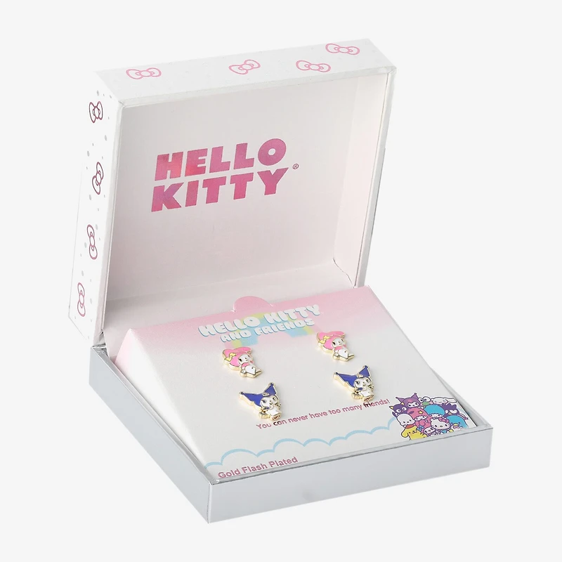 Womens 18K Gold Over Brass Hello Kitty Kuromi My Melody 2 Pair Earring Set