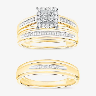 (I / Si1) 3PC Trio Set Featuring 1/2 CT. T.W. Lab Grown White Diamond 10K Two Tone Gold Side Stone Wedding Bridal Set