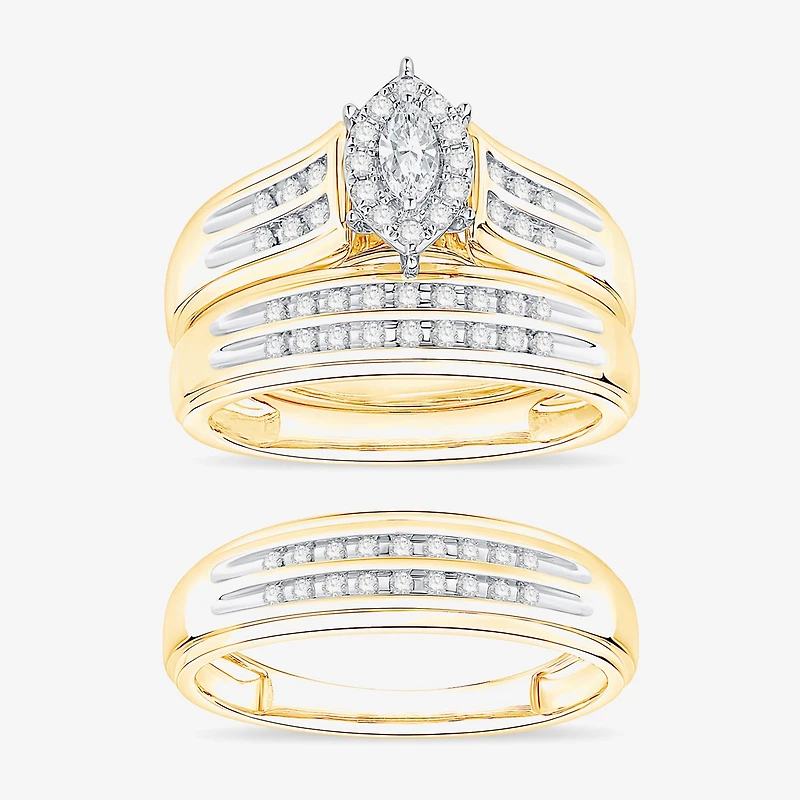 (I / Si1) 3PC Trio Set Featuring 1/2 CT. T.W. Lab Grown White Diamond 10K Two Tone Gold Marquise Side Stone Bridal Set
