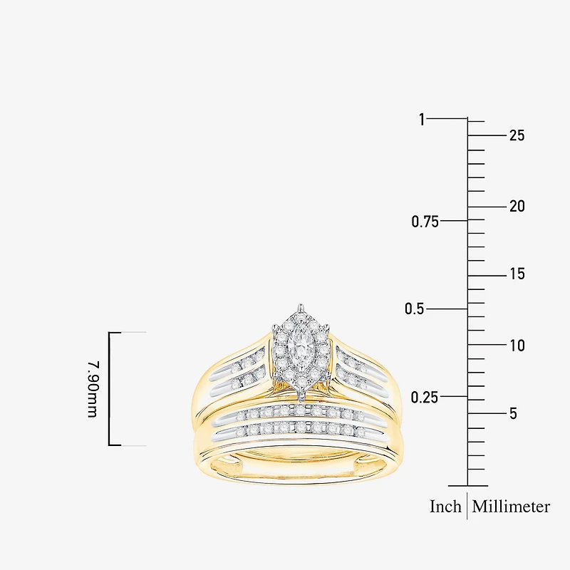 (I / Si1) 3PC Trio Set Featuring 1/2 CT. T.W. Lab Grown White Diamond 10K Two Tone Gold Marquise Side Stone Bridal Set