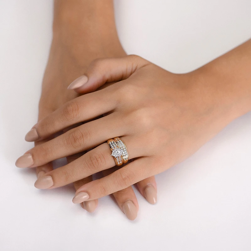 (I / Si1) 3PC Trio Set Featuring 1/2 CT. T.W. Lab Grown White Diamond 10K Two Tone Gold Marquise Side Stone Bridal Set