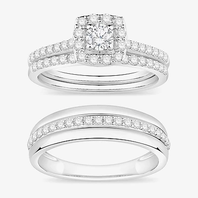 (I / Si1) 3PC Trio Set Featuring 1 CT. T.W. Lab Grown White Diamond 10K White Gold Round Side Stone Wedding Bridal Set