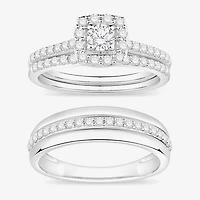(I / Si1) 3PC Trio Set Featuring 1 CT. T.W. Lab Grown White Diamond 10K White Gold Round Side Stone Wedding Bridal Set