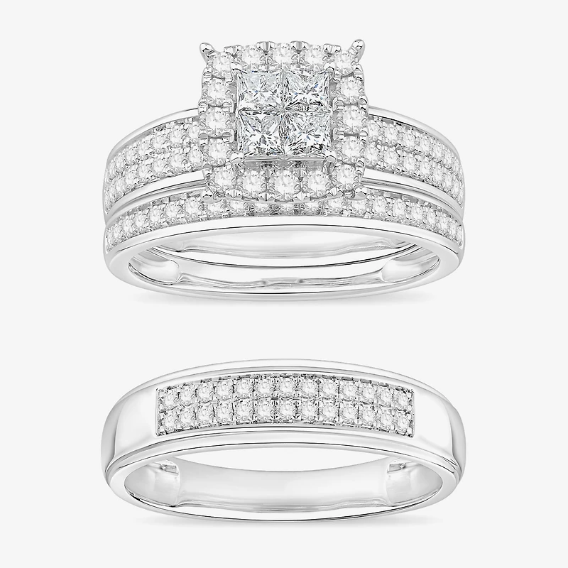 (I / Si1) 3PC Trio Set Featuring 1 1/2 CT. T.W. Lab Grown White Diamond 10K White Gold Side Stone Wedding Bridal Set