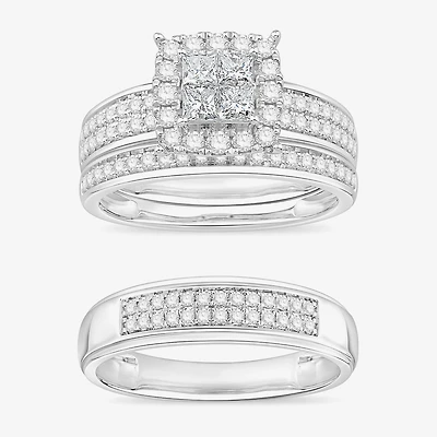 (I / Si1) 3PC Trio Set Featuring 1 1/2 CT. T.W. Lab Grown White Diamond 10K White Gold Side Stone Wedding Bridal Set