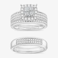 (I / Si1) 3PC Trio Set Featuring 1 1/2 CT. T.W. Lab Grown White Diamond 10K White Gold Side Stone Wedding Bridal Set